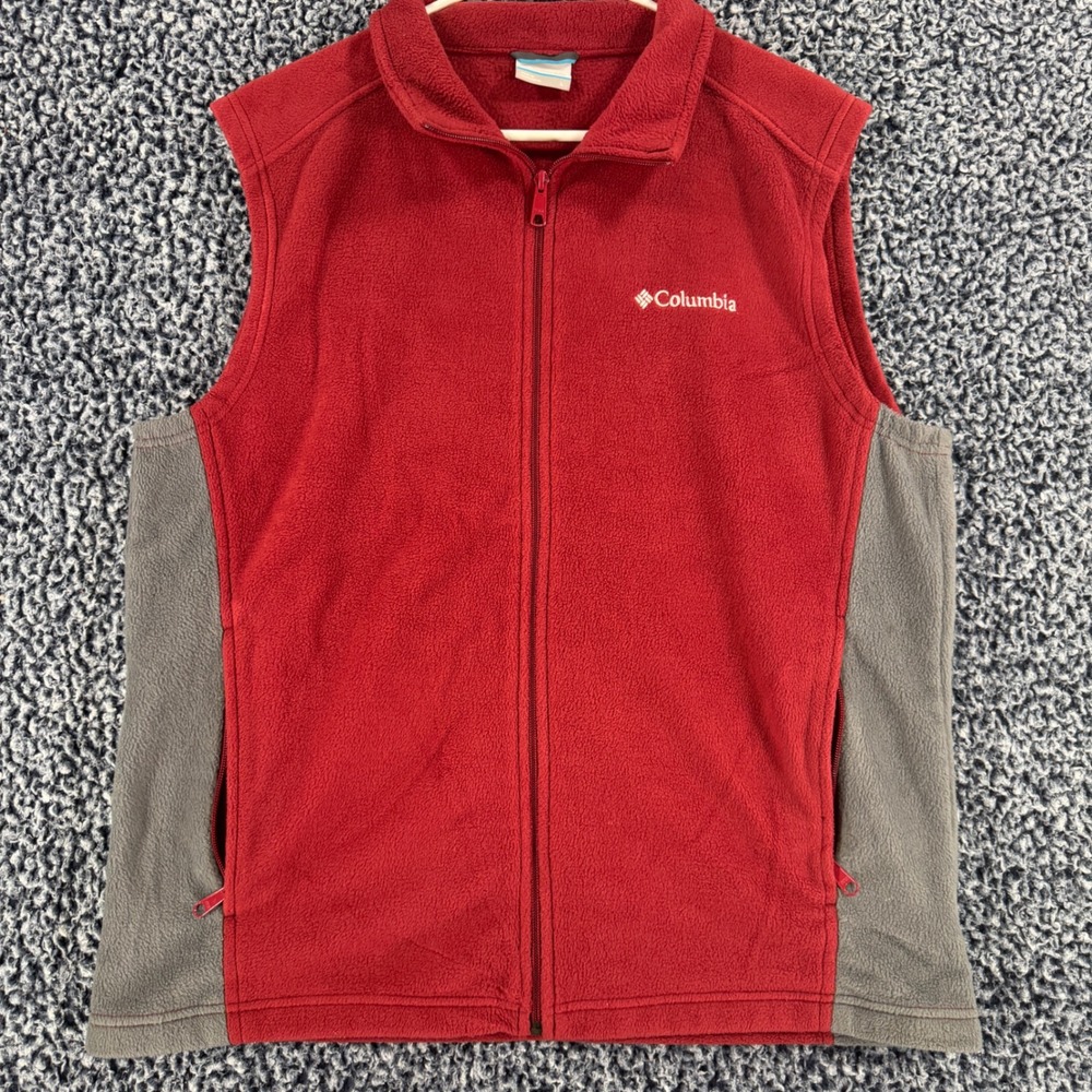 Columbia Mens Fleece Vest Red Gray Full Zip Outdoor Hiking Layering Large